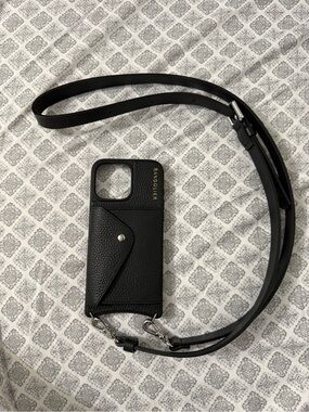 Bandolier Black Pebbled Leather Crossbody Phone Case with Gold Logo
